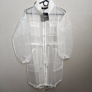 Forever 21 Small Size White Hooded Duster Zip-Up Jacket Adjustable Drawstring Wa